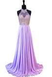 Sexy Open Back Halter Prom Dresses With Beading Chiffon Sweep Train