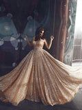 Sparkly Spaghetti Straps A Line Elegant Long Prom Dress, Sequins Evening Party Dresses SJS15430