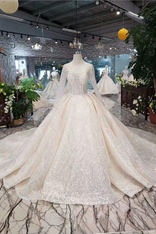Ball Gown Wedding Dresses Scoop Top Quality Tulle Beading Long Sleeves