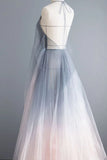Simple Deep V Neck Ombre Tulle Halter Sleeveless Prom Dresses Backless Formal Dresses SJS15391