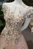 New Arrival Vintage Tulle Prom Dresses A-Line With Handmade Flowers Cap Sleeves