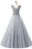 Tulle Prom Dresses V-Neck Floor-Length With Sash And Applique