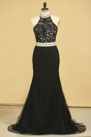 Black Plus Size Prom Dresses Mermaid High Neck Open Back Tulle With Applique & Rhinestones