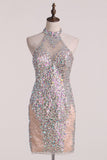 Short/Mini High Neck Prom Dresses Tulle With Beads And Rhinestones