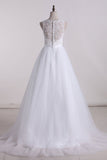 V-Neck A Line Wedding Dresses Tulle With Applique And Ribbon