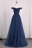 Tulle A Line Off The Shoulder Prom Dresses Ruffled Bodice Sweep Train
