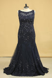 Plus Size See-Through Prom Dresses Scoop Mermaid Tulle With Applique And Beading Black