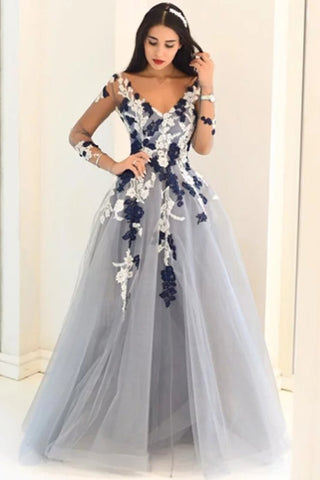 A-Line/Princess V-Neck Long Sleeves Applique Tulle Floor-Length Dresses Evening Dress