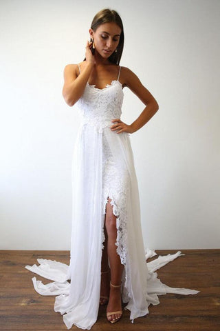 Spaghetti Straps Sweetheart White Lace Wedding Dresses with Chiffon Beach Bridal Dress SJS15420