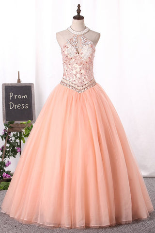 Ball Gown High Neck Quinceanera Dresses Tulle With Applique Lace Up