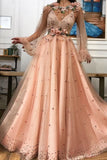 Charming A Line Long Sleeve Long Party Dresses Flowers Tulle Beads Formal Dresses SJS15090