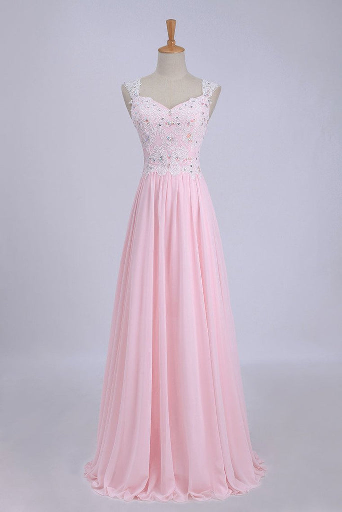 V-Neck A-Line/Princess Prom Dress Tulle&Chiffon With Beads And Applique