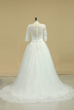 Scoop Mid-Length Sleeves Wedding Dresses A Line Tulle With Applique & Beads