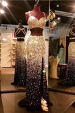 Sparkly Sweetheart Gold And Black Front Split 2 Pieces Beading Modest Prom Dresses JS314