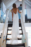 Chic Ivory Mermaid V-Neck Open Back Lace Long Sleeveless Beach Wedding Dresses JS599