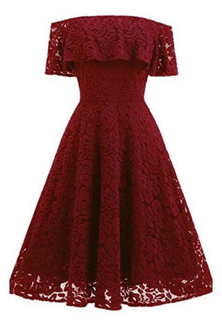 A Line Lace Strapless Off the Shoulder Burgundy Vintage Knee Length Homecoming Dress JS688