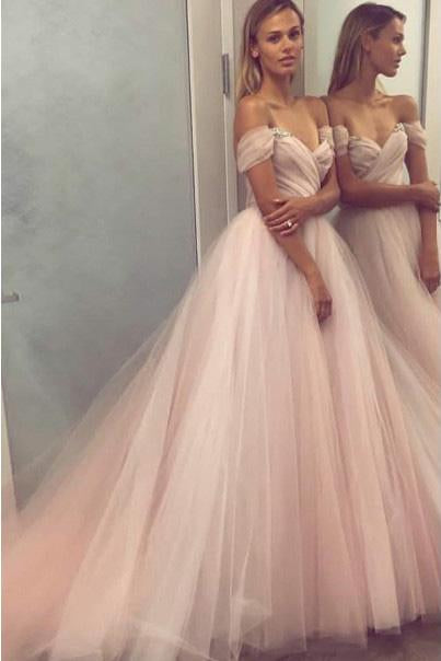 A Line Sweetheart Beaded Off the Shoulder Pink Long Prom Dresses Wedding Dress JS132