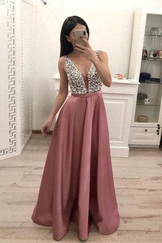 Charming V Neck Satin Formal Elegant Prom Dresses JS621