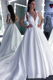 A Line Round Neck White Prom Dresses Bowknot Satin Wedding Dresses SJS15022