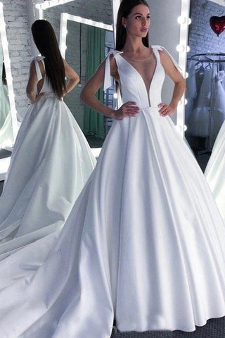 A Line Round Neck White Prom Dresses Bowknot Satin Wedding Dresses SJS15022