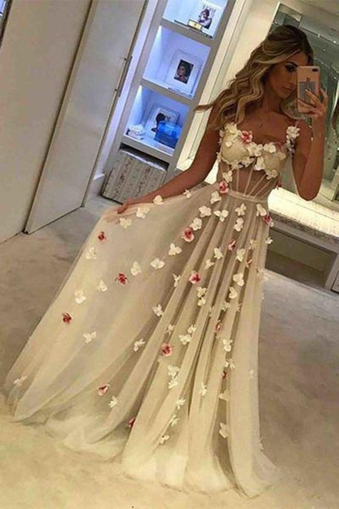 Spaghetti Straps See Through Long A-Line Ivory Prom Dresses With Appliques