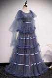 Elegant A Line Long Sleeve Tulle Round Neck Long Prom Dresses Lace up Evening Dresses SJS15146