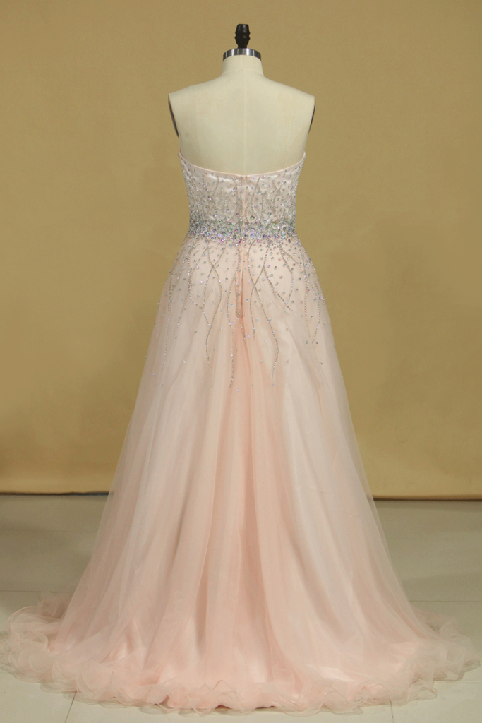 Prom Dresses Sweetheart Tulle With Beading And Rhinestones Sweep Train