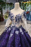 Ball Gown Long Sleeves Sequins Scoop Prom Dress, Puffy Quinceanera Dress Appliques