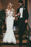 Long Sleeve See Through Mermaid Tulle Wedding Dresses Lace Appliques, Bridal Dresses SJS15521
