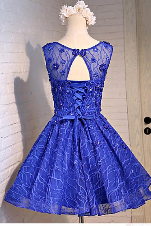 Blue Knee Length Homecoming Dresses with Beads Straps Short Prom Dresses JS803