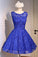 Blue Knee Length Homecoming Dresses with Beads Straps Short Prom Dresses JS803