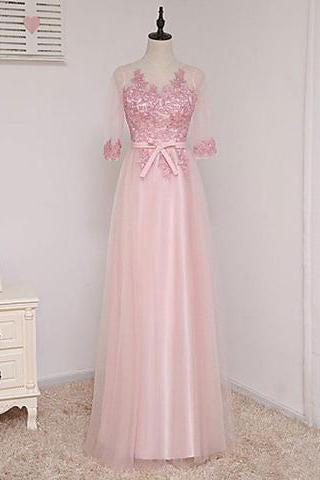 A-line Scoop Half Sleeve Lace/Applique Floor-length Prom Dresses Evening Dresses JS568