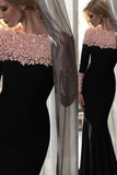 Elegant Black Floral Long Sleeves Sheath Long Prom Evening Dresses JS493