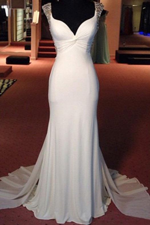 Beading White Floor Length Chiffon Prom Dresses Evening Dresses