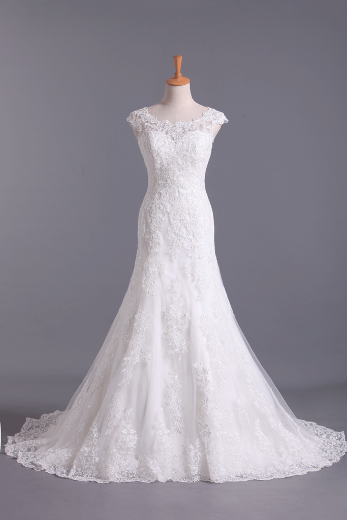 New A-Line Wedding Dresses Bateau Court Train Covered Button Tulle ...