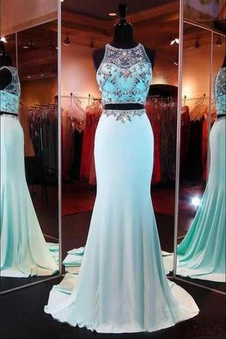 Two Pieces Beading Bodice Long Satin Prom Dresses Evening Dresses JS563