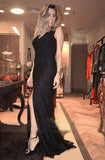 V-neck Black Lace Long Split Prom Dresses Evening Dresses JS501