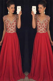Red V-neck Beading Bodice Long Chiffon Prom Dresses Evening Dresses JS551