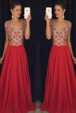 Red V-neck Beading Bodice Long Chiffon Prom Dresses Evening Dresses JS551