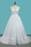 A Line Tulle Wedding Dresses Scoop Cap Sleeves With Applique Court Train