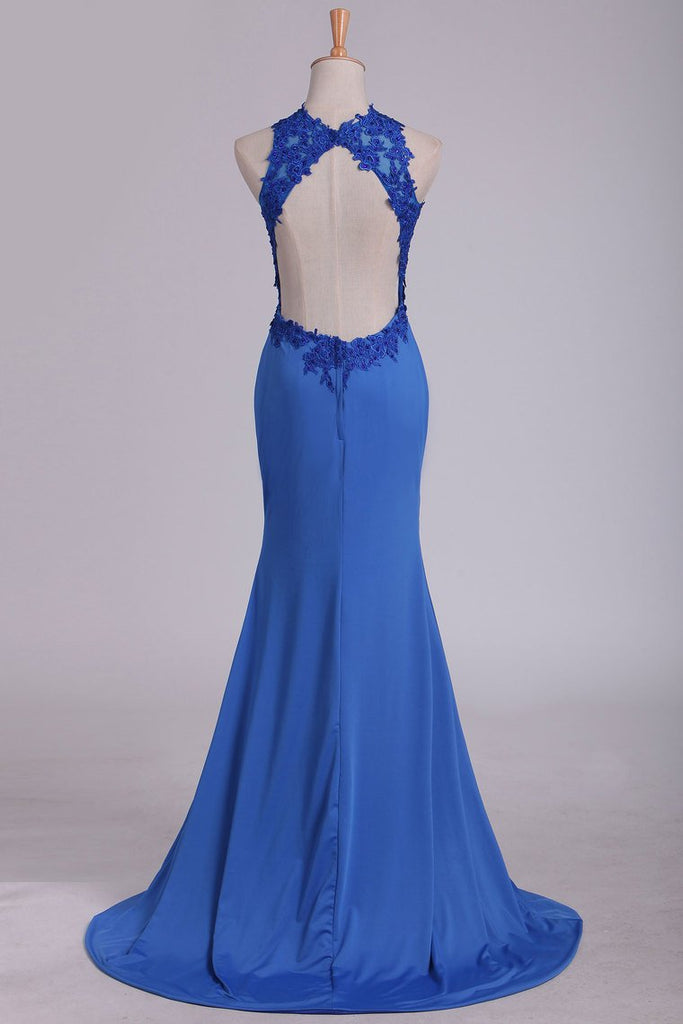 Prom Dresses Scoop With Applique And Slit Spandex Sheath Open Back