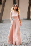 Blush Pink Lace Chiffon Sleeveless Illusion Backless Elegant A-Line Long Prom Dresses UK JS280