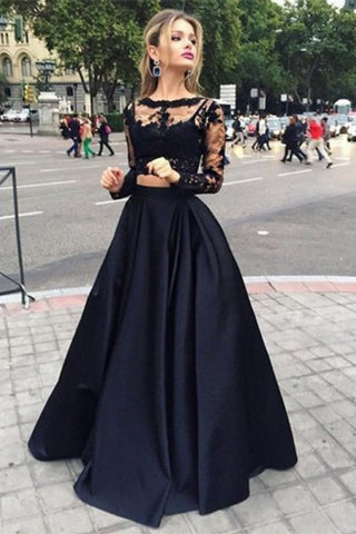 Black Ball Gown Long Sleeves Bateau Satin Floor-Length Dresses