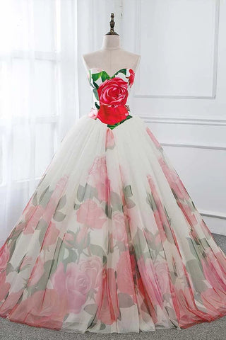 Ball Gown Floral Satin Long Tulle Evening Dresses with Lace up, Sweetheart Red Prom Dresses SJS15057
