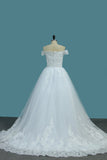 Tulle A Line Off The Shoulder Wedding Dresses With Applique Sweep Train