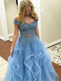 Blue Off the Shoulder Two Pieces Tulle Beads Prom Dresses with Lace Appliques SJS15500
