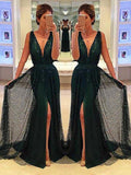 Sheath Deep V-Neck Sweep Train Dark Green Lace Sleeveless Prom Dress with Split Sequins JS697
