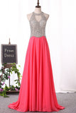 Sexy Scoop-Neck A Line Prom Dresses Chiffon With Beaded Bodice Zipper Up