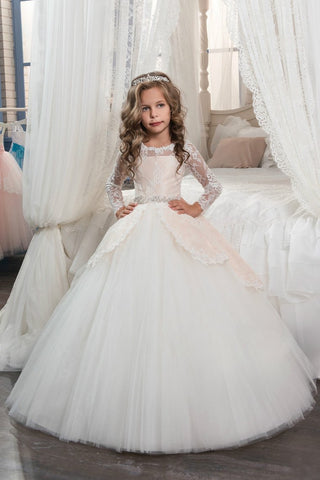 Long Sleeves Flower Girl Dresses Scoop Tulle With Applique And Beads