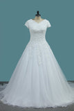 Tulle Wedding Dresses V Neck Short Sleeves With Applique Court Train